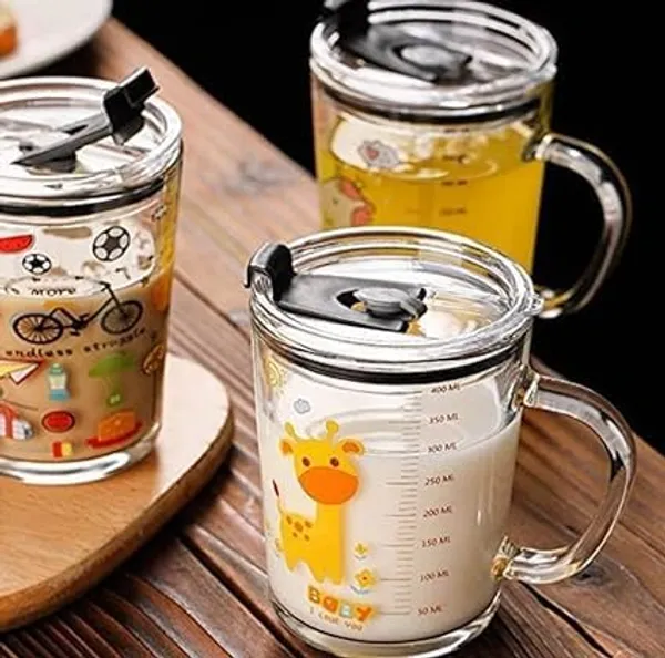 Transparent_Glass_Drinking_Mug_Cartoon_Printed_Design_With_Handle_And_Clear_Lid_With_Scale_Straw_For_Coffee_Juice_Milk_And_Multiple_Usage_Sipper_400_Ml_(Pack_Of_6_Clear)