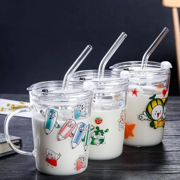 Transparent_Dakshayanii_Random_Design_Cartoon_Print_Creative_Milk_Glass_Sipper_Cup/Mug_With_Handle_And_Spill_Proof_Lid_And_Straw_Tumbler_-_350_Ml_(Set_Of_1)