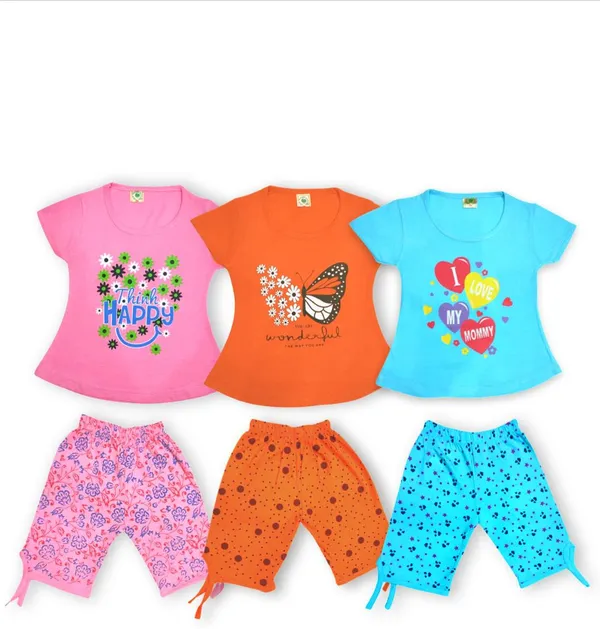Multicolor_Cotton_Graphic_Print_T-Shirt_&_Three_Fourth_Pant_For_Baby_Girls_(Pack_Of_3_Pair)