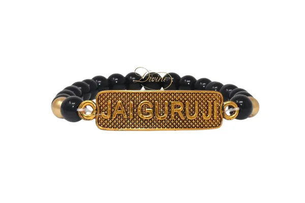 DIVINE_GURU_JI_Jai_Guruji_Brass_Bracelet_for_Men_&_Women_|_Black_Beads_Kada_with_Golden_Plate_|_Handmade_Spiritual_for_Blessings,_Meditation,_Satsang_&_Devotional_Gift