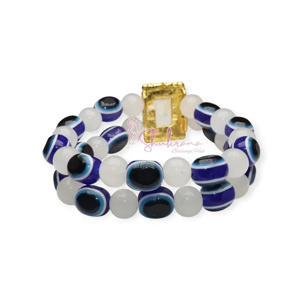 Shukrana_Blessings_Evil_Eye_Protection_Guru_ji_Bracelet,_Double_Strand_Beaded,_Blue_and_Black_Glass_Beads_with_Crystal_Photo_Frame_(Blue-White,_One_Size)