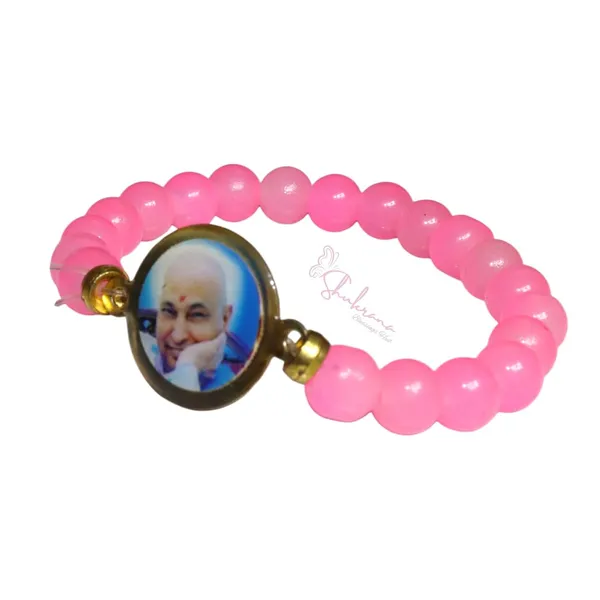 Shukrana_Blessings_Jai_Guruji_Swaroop_Bracelet_|_Pink_Beaded_Bracelet_with_Religious_Charm_&_Clear_Crystals_|_Gold-Plated_Frame_with_Guruji_Photo(Pink-Beads)