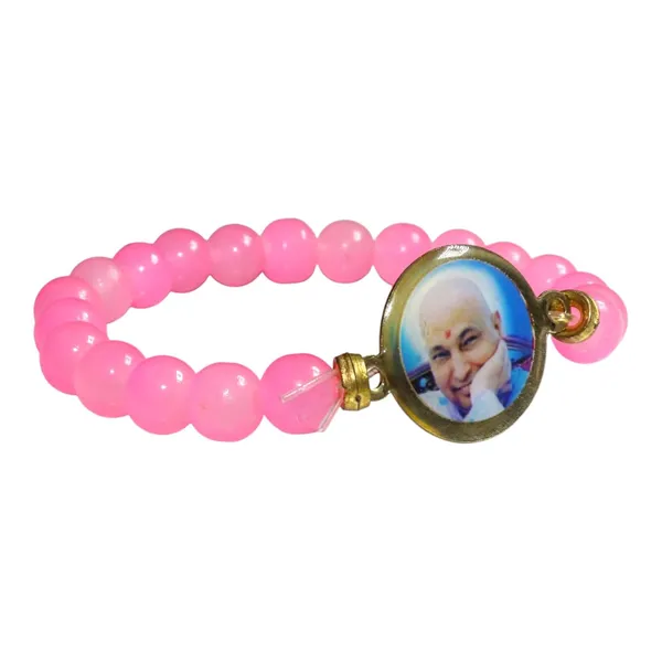 Shukrana_Blessings_Jai_Guruji_Swaroop_Bracelet_|_Pink_Beaded_Bracelet_with_Religious_Charm_&_Clear_Crystals_|_Gold-Plated_Frame_with_Guruji_Photo(Pink-Beads)