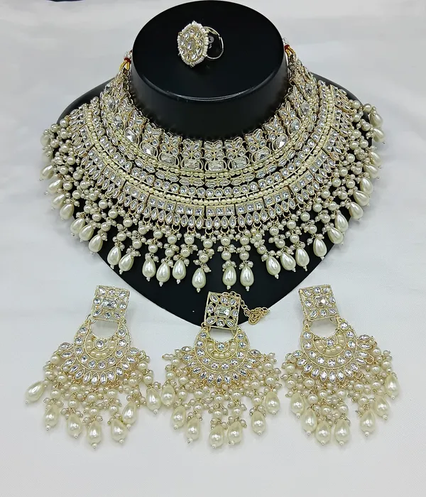 White_Gold-plated_Necklace__Earring_&_Maang_Tikka_Set__For_Women