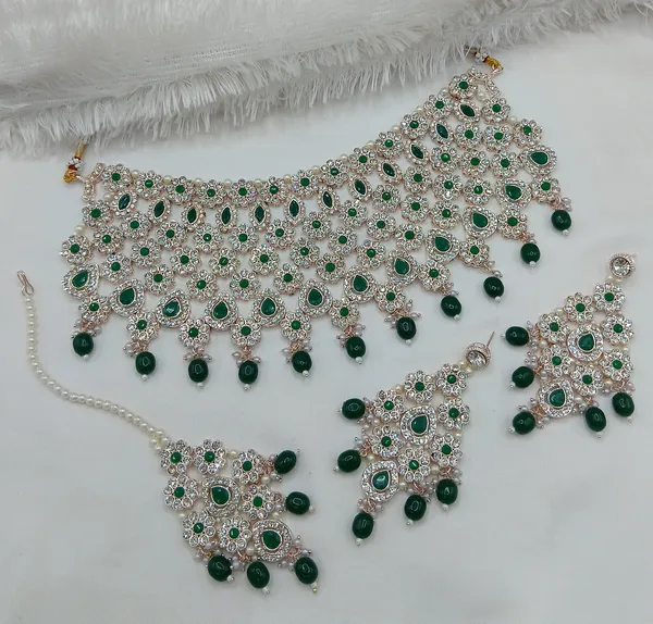 Green_Gold-plated_Necklace__Earring_&_Maang_Tikka_Set__For_Women