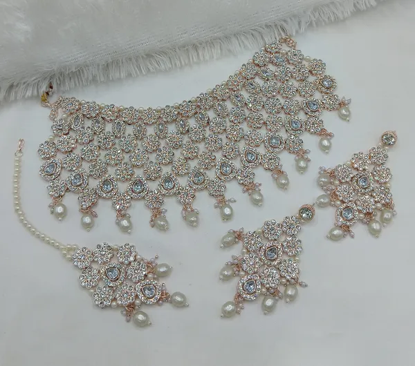 White_Gold-plated_Necklace__Earring_&_Maang_Tikka_Set__For_Women