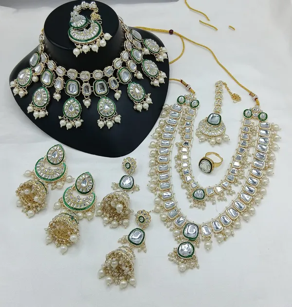 Green_Gold-plated_Necklace__Earring_&_Maang_Tikka_Set__For_Women