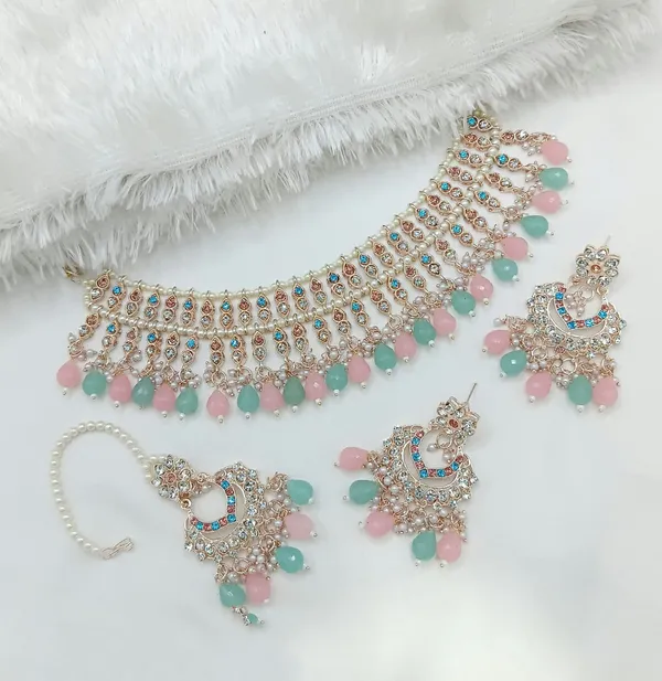 MUlticolor_Gold-plated_Necklace__Earring_&_Maang_Tikka_Set__For_Women