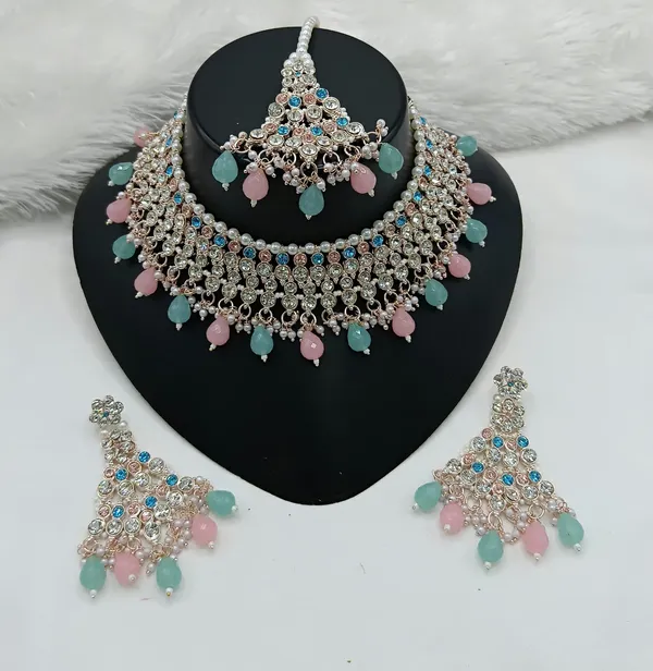 MUlticolor_Gold-plated_Necklace__Earring_&_Maang_Tikka_Set__For_Women