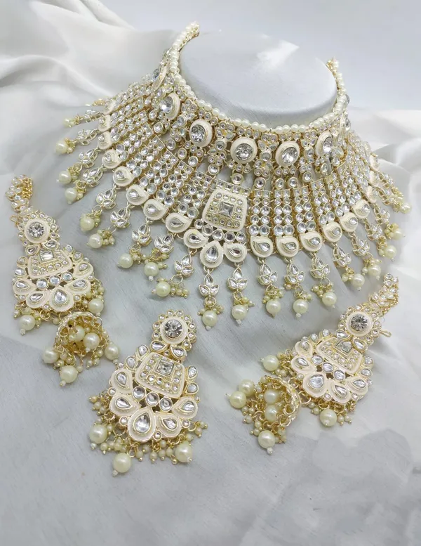 White_Gold-plated_Necklace__Earring_&_Maang_Tikka_Set__For_Women