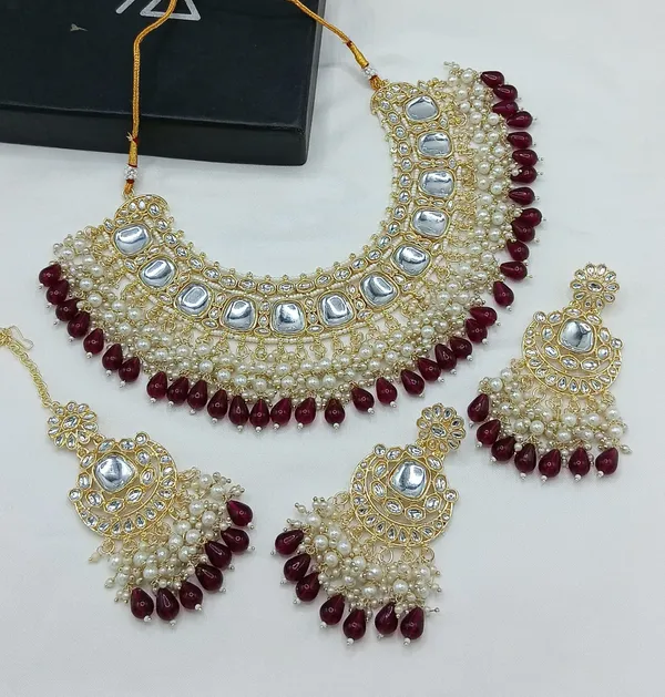 Beige_Gold-plated_Necklace__Earring_&_Maang_Tikka_Set__For_Women