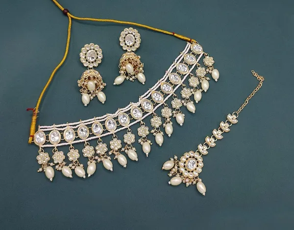 White_Gold-plated_Necklace__Earring_&_Maang_Tikka_Set__For_Women