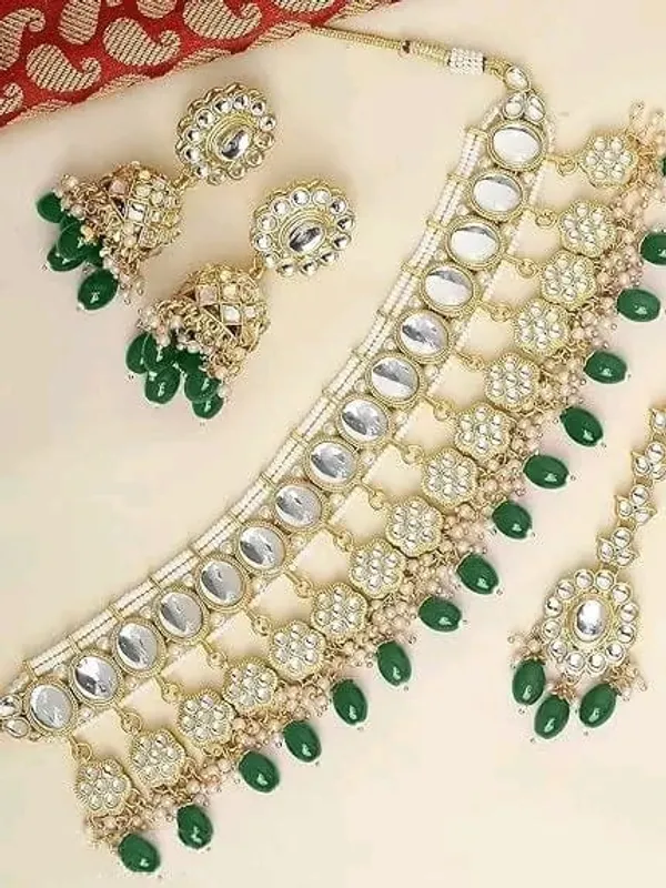 Green_Gold-plated_Necklace__Earring_&_Maang_Tikka_Set__For_Women