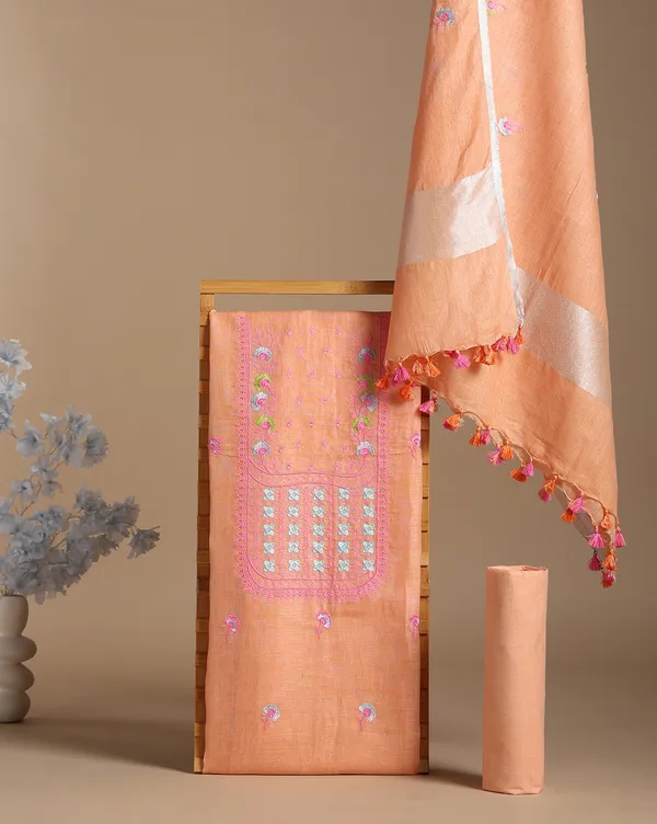 Bright_Peach_Linen_Floral_Unstitched_Dress_Material_For_Women