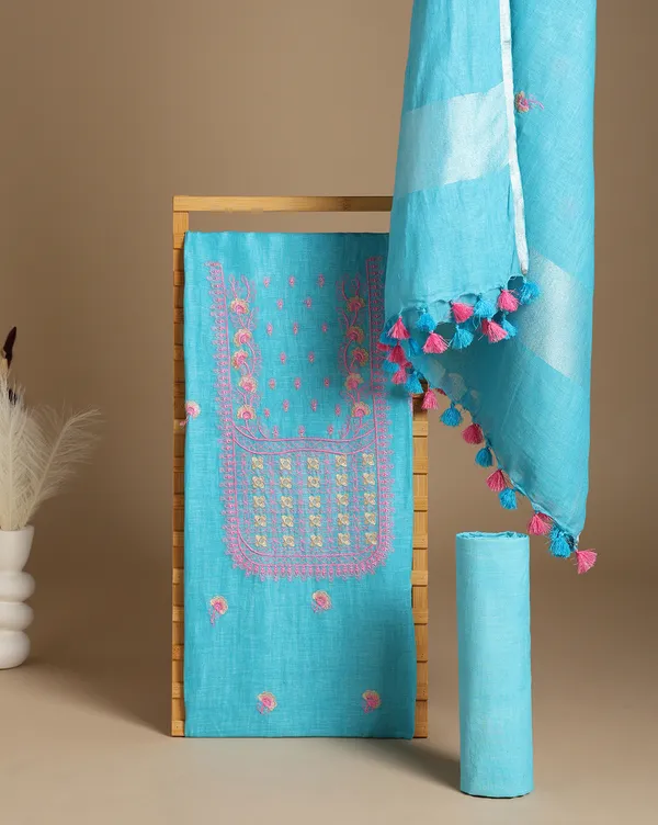 Ziyorah Light Blue Linen Floral Unstitched Dress Material For Women Price  in India - Buy Ziyorah Light Blue Linen Floral Unstitched Dress Material  For Women online at https://ziyorah.com