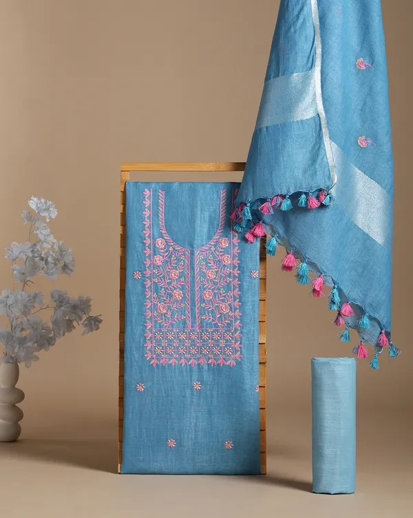 Bright_Blue_Linen_Floral_Unstitched_Dress_Material_For_Women