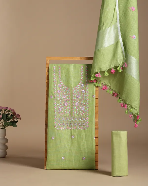 Bright_Green_Linen_Floral_Unstitched_Dress_Material_For_Women