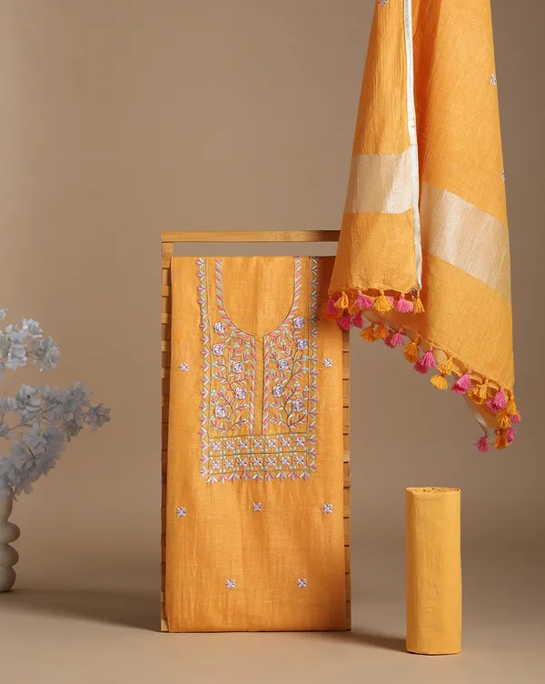 Bright_Yellow_Linen_Floral_Unstitched_Dress_Material_For_Women