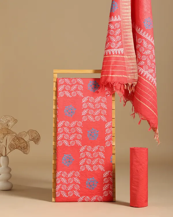 Bright_Red_Handloom_Block_Print_Unstitched_Dress_Material_For_Women