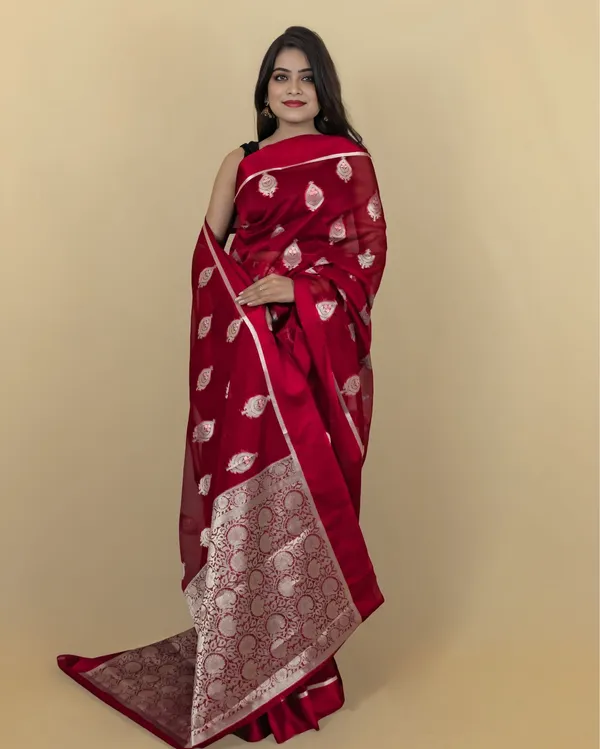 Red_Banarasi_Brocade_Organza_Semi_Silk_Saree