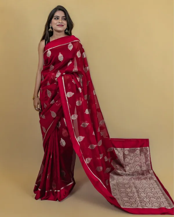 Red_Banarasi_Brocade_Organza_Semi_Silk_Saree