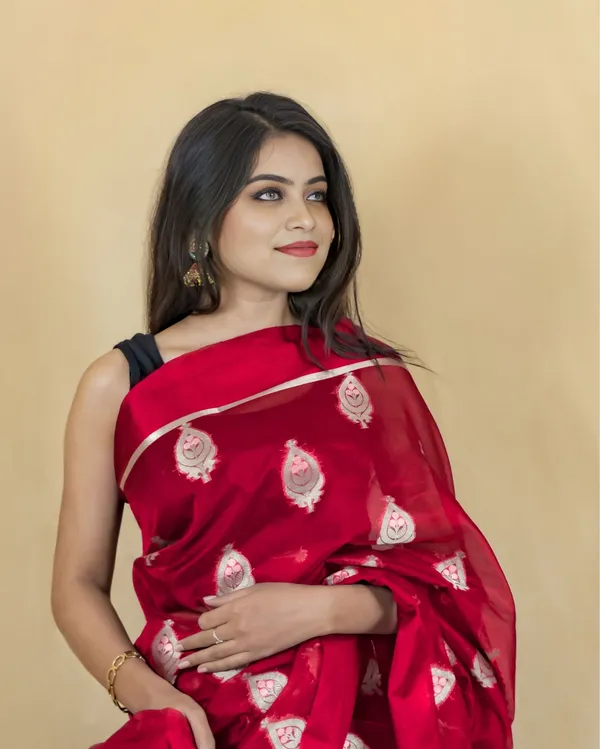 Red_Banarasi_Brocade_Organza_Semi_Silk_Saree