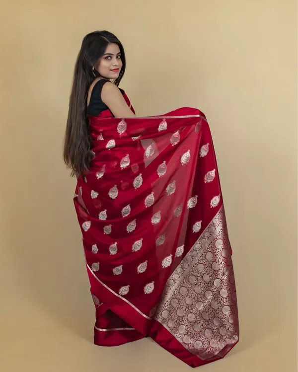Red_Banarasi_Brocade_Organza_Semi_Silk_Saree