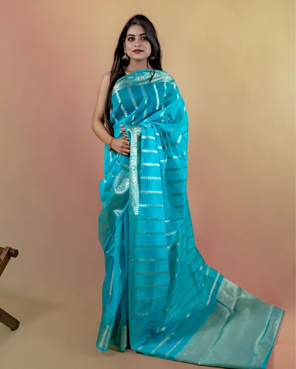 Cyan_Blue_Banarasi_Brocade_Organza_Silk_Saree