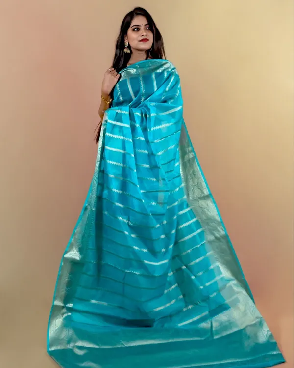 Cyan_Blue_Banarasi_Brocade_Organza_Silk_Saree