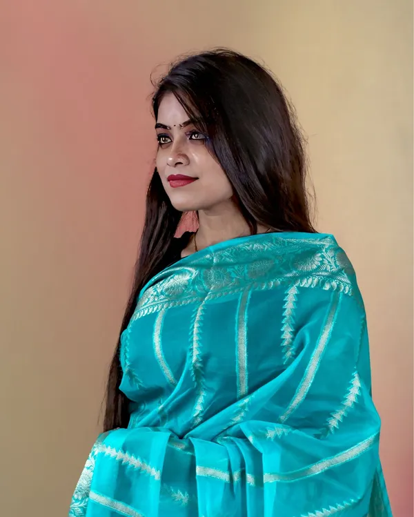 Cyan_Blue_Banarasi_Brocade_Organza_Silk_Saree