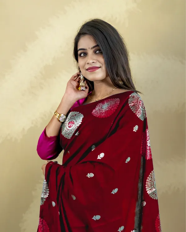 Maroon_Banarasi_Brocade_Raw_Mango_Silk_Saree