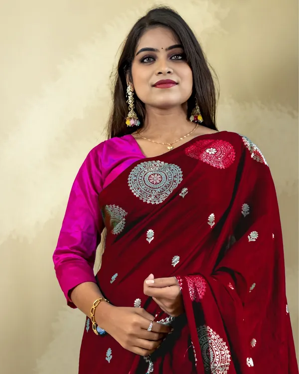 Maroon_Banarasi_Brocade_Raw_Mango_Silk_Saree
