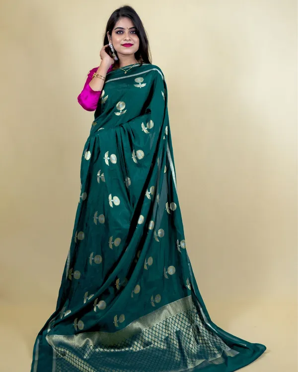 Pine_Green_Banarasi_Brocade_Raw_Mango_Silk_Saree