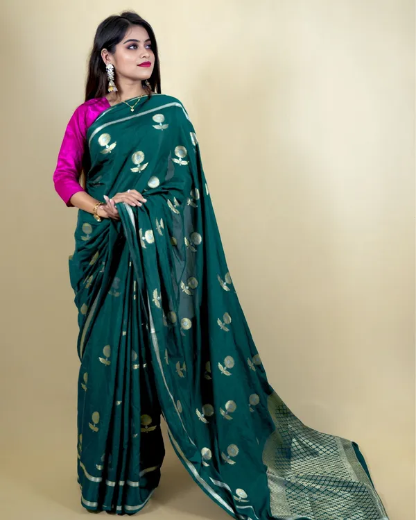 Pine_Green_Banarasi_Brocade_Raw_Mango_Silk_Saree