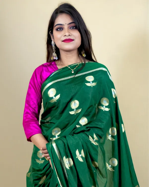 Dark_Green_Banarasi_Brocade_Raw_Mango_Silk_Saree