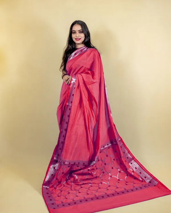 Coral_Red_Banarasi_Brocade_Raw_Mango_Silk_Saree