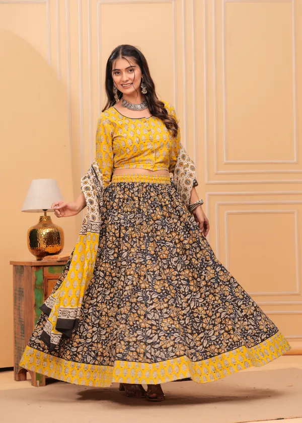 Dharohar_Blockprinted_Black_&_Yellow_Lehanga_Choli_Set