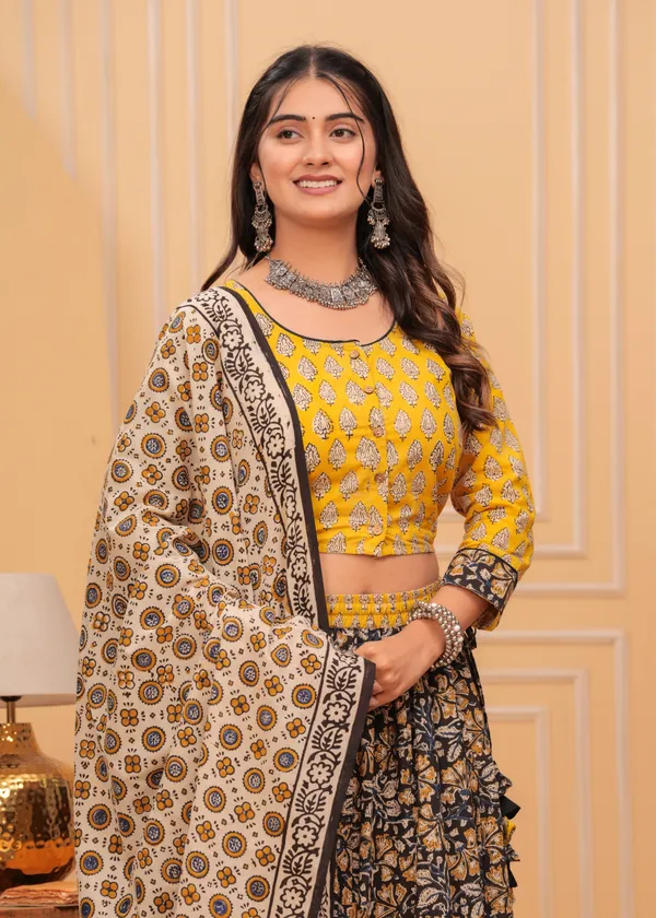 Dharohar_Blockprinted_Black_&_Yellow_Lehanga_Choli_Set