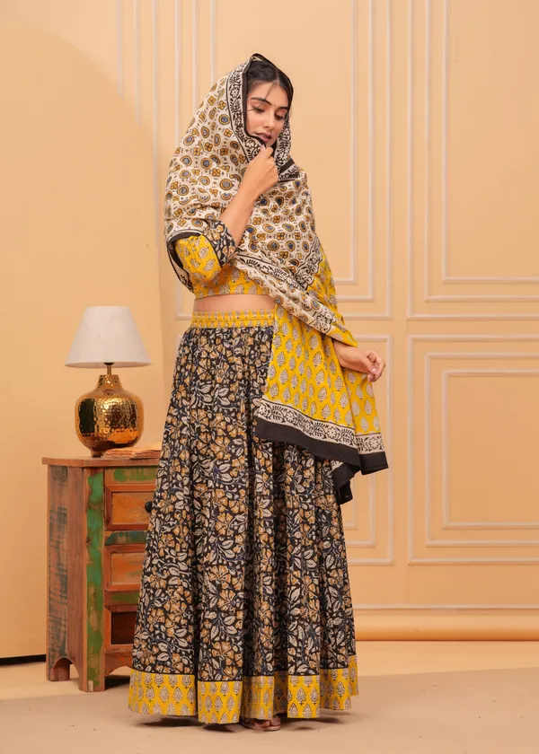Dharohar_Blockprinted_Black_&_Yellow_Lehanga_Choli_Set