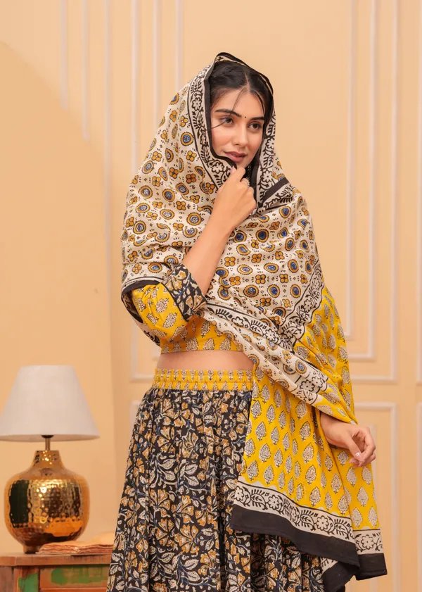Dharohar_Blockprinted_Black_&_Yellow_Lehanga_Choli_Set