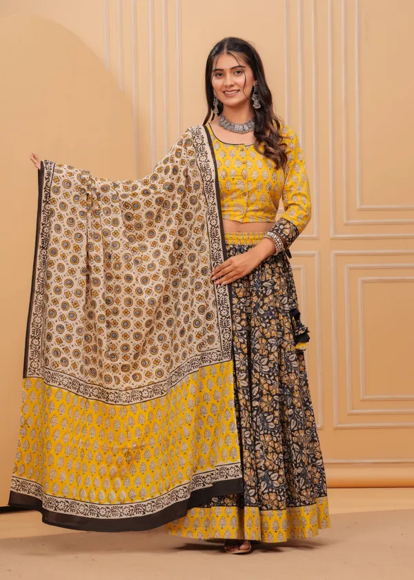 Dharohar_Blockprinted_Black_&_Yellow_Lehanga_Choli_Set