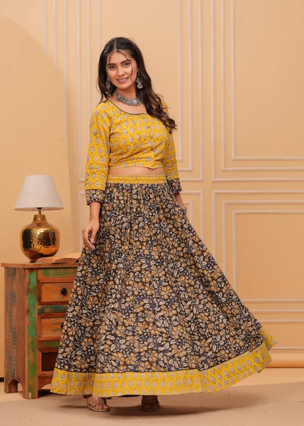 Dharohar_Blockprinted_Black_&_Yellow_Lehanga_Choli_Set