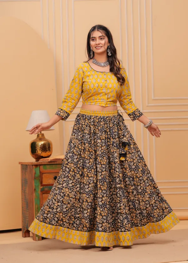 Dharohar_Blockprinted_Black_&_Yellow_Lehanga_Choli_Set