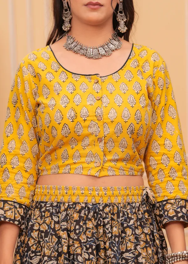 Dharohar_Blockprinted_Black_&_Yellow_Lehanga_Choli_Set