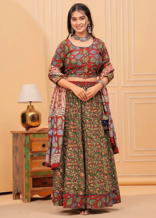 Dharohar_Blockprinted_Green_&_Red_Lehanga_Choli_Set