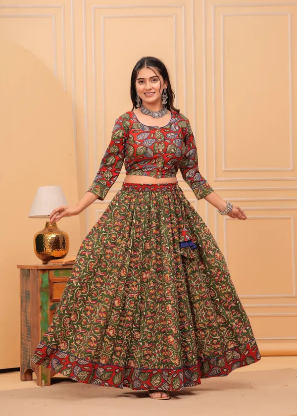 Dharohar_Blockprinted_Green_&_Red_Lehanga_Choli_Set