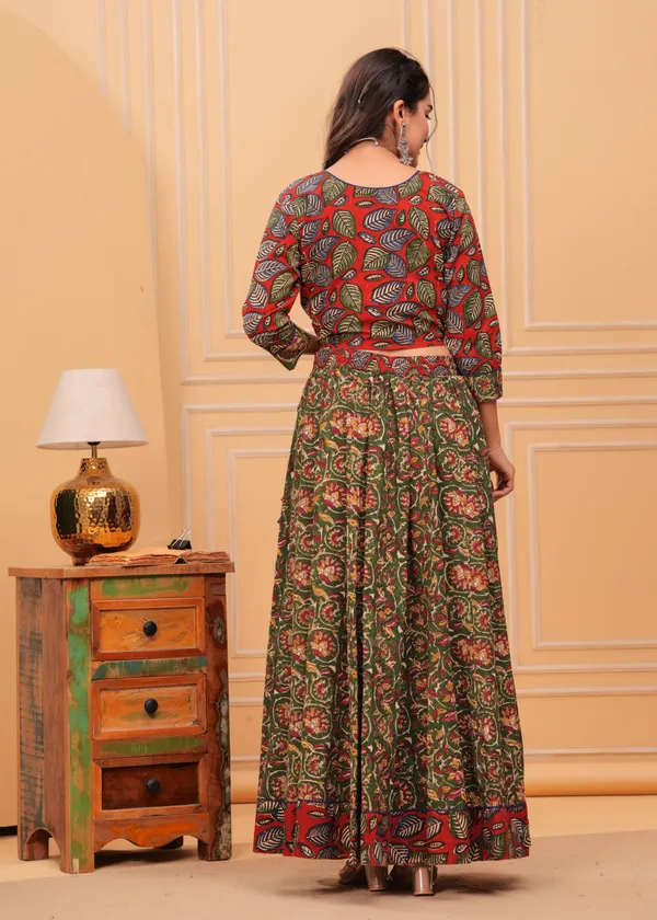 Dharohar_Blockprinted_Green_&_Red_Lehanga_Choli_Set