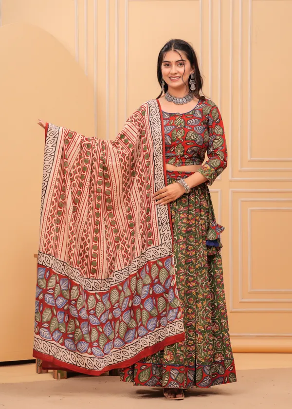 Dharohar_Blockprinted_Green_&_Red_Lehanga_Choli_Set
