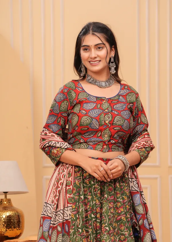 Dharohar_Blockprinted_Green_&_Red_Lehanga_Choli_Set