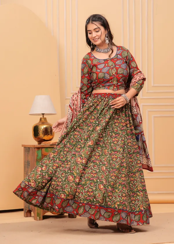 Dharohar_Blockprinted_Green_&_Red_Lehanga_Choli_Set